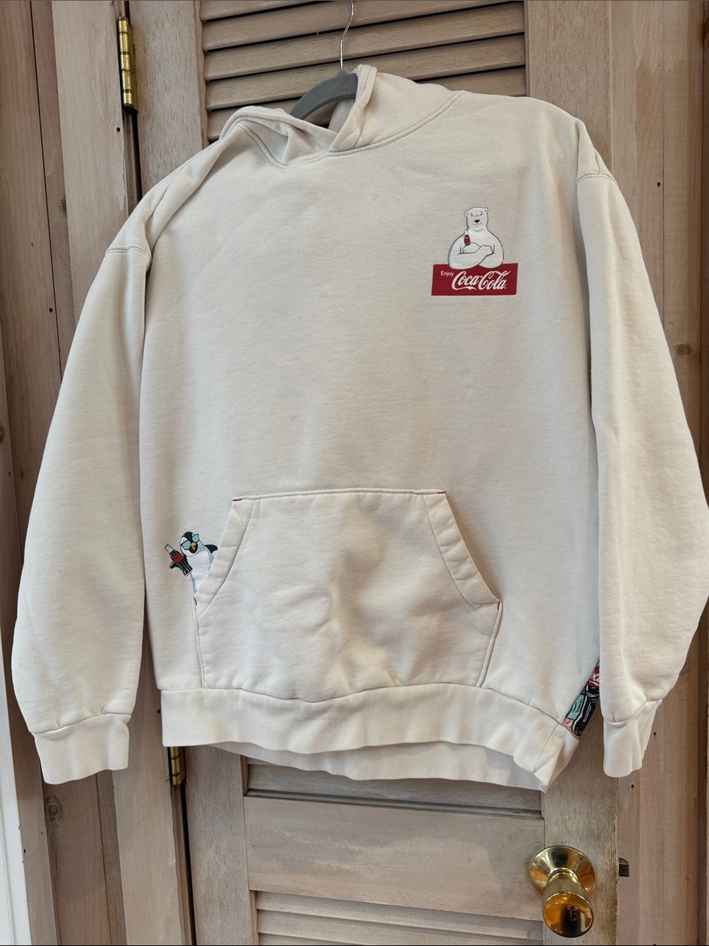 Coca Cola Store Cream Pullover Hoodie with Polar Bear Large